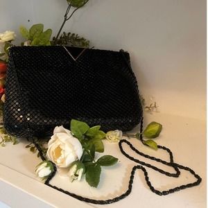 Elka Metallic Black Metal Mesh Evening Purse Shoulder Bag w Black Bead Strap